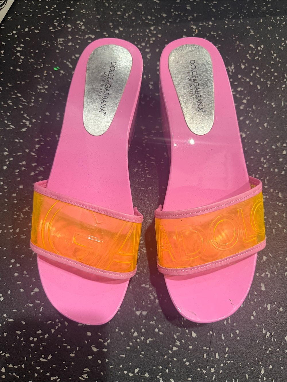 Dolce & Gabbana Pink Slide Sandals with Translucent Orange Strap